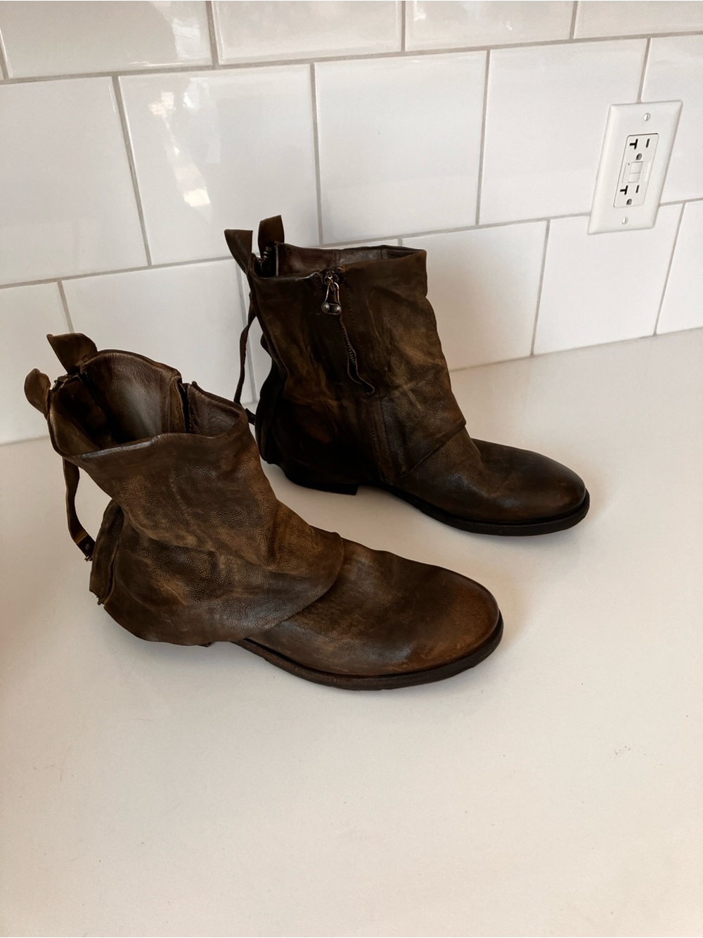 A.S.98 Distressed Brown Leather Zip Ankle Boots Size 39 (NWOT)